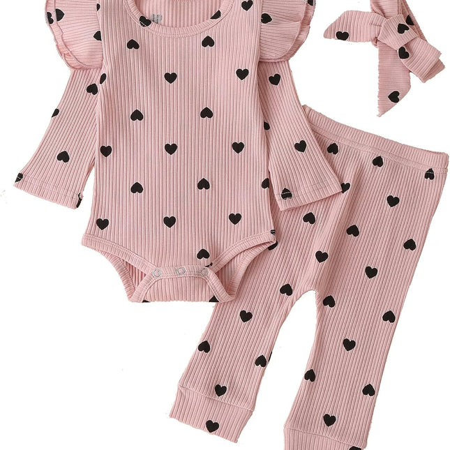 Baby Girl'S 3Pc Rib Frill Long Sleeve Romper and Pant Set