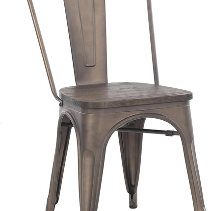 Metal Dining Chairs, Indoor/Outdoor and Stackable, Set of 4 (Bronze with Wooden Seat)