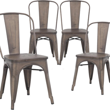 Metal Dining Chairs, Indoor/Outdoor and Stackable, Set of 4 (Bronze with Wooden Seat)
