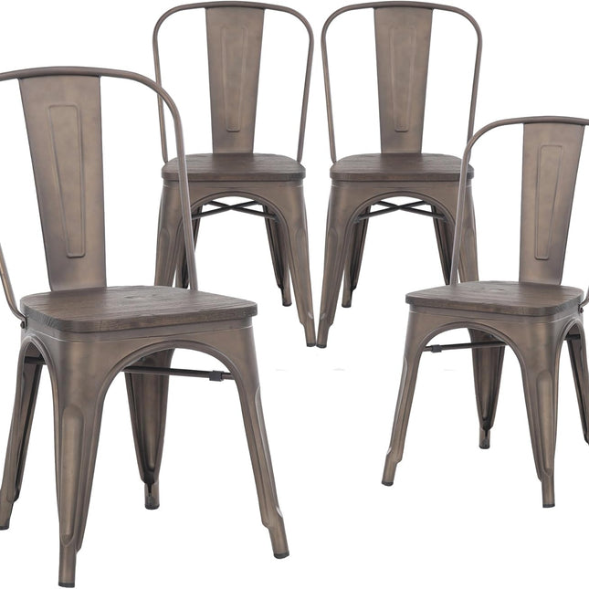 Metal Dining Chairs, Indoor/Outdoor and Stackable, Set of 4 (Bronze with Wooden Seat)