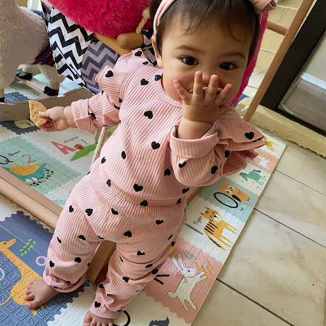 Baby Girl'S 3Pc Rib Frill Long Sleeve Romper and Pant Set