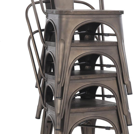 Metal Dining Chairs, Indoor/Outdoor and Stackable, Set of 4 (Bronze with Wooden Seat)