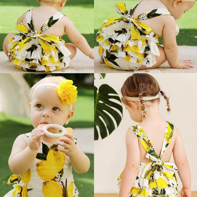 Baby Girl'S Floral Print Ruffles Romper Summer Clothes with Headband