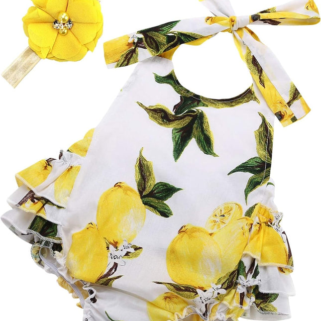 Baby Girl'S Floral Print Ruffles Romper Summer Clothes with Headband