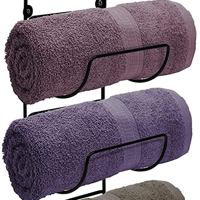 Towel Rack Wall Mount – 6 Compartments of Black Metal Bathroom Towel Holder Set - Bathroom Organizer, for Gym Spa, Camper, Rv, Back of Door, Cabinet - Wine Rack Wall Mounted for Kitchen, Bar